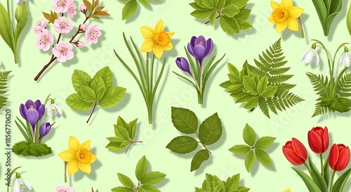 Spring flowers and green leaves adorn a pale green background.