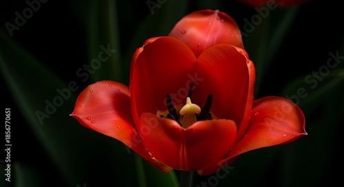 A red tulip with water droplets opens its petals against a dark background.
