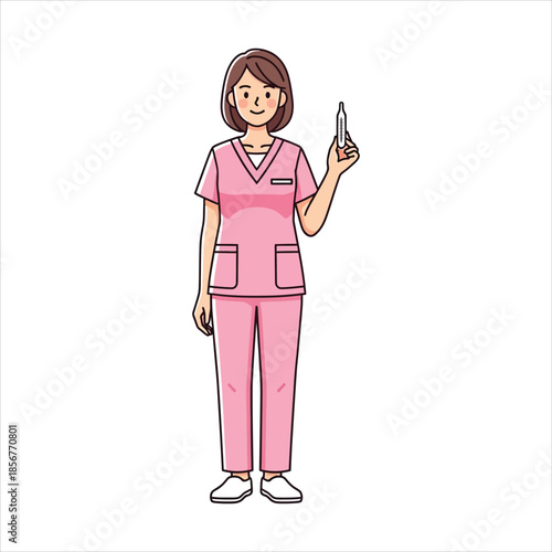 A female healthcare professional holding a pen standing in a clinical setting