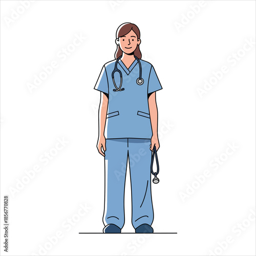 A young female medical professional standing confidently with a stethoscope around her neck in a clean white background