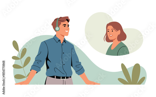 Young man in headphones having online conversation with woman