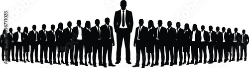 Large Group of Business People Silhouette Standing Together in a Row with a Central Leader for Corporate Teamwork and Success
