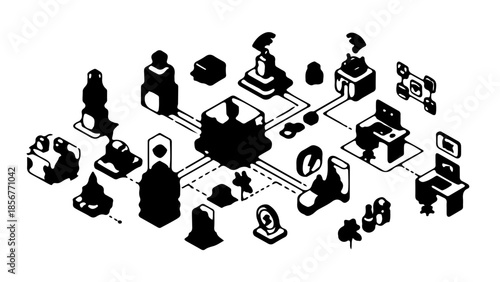 Conceptual illustration of a decentralized network with interconnected devices and data flow