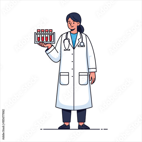 A female doctor holding a tray of test tubes in a laboratory setting from a straightforward viewpoint