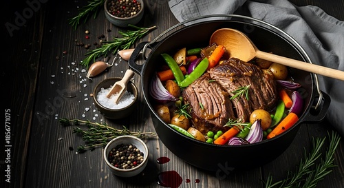 Hearty pot roast with root vegetables and fresh herbs simmers in a cast iron pot.