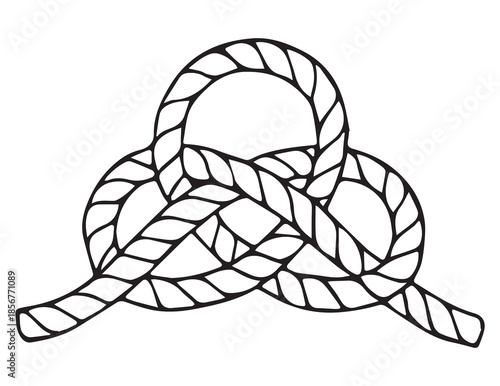 The option of tying a knot for insurance. Climbing rope, sea rope, knots and loops. Drawing on a white background background. A schematic representation of a braided rope rolled into a bright-colored 