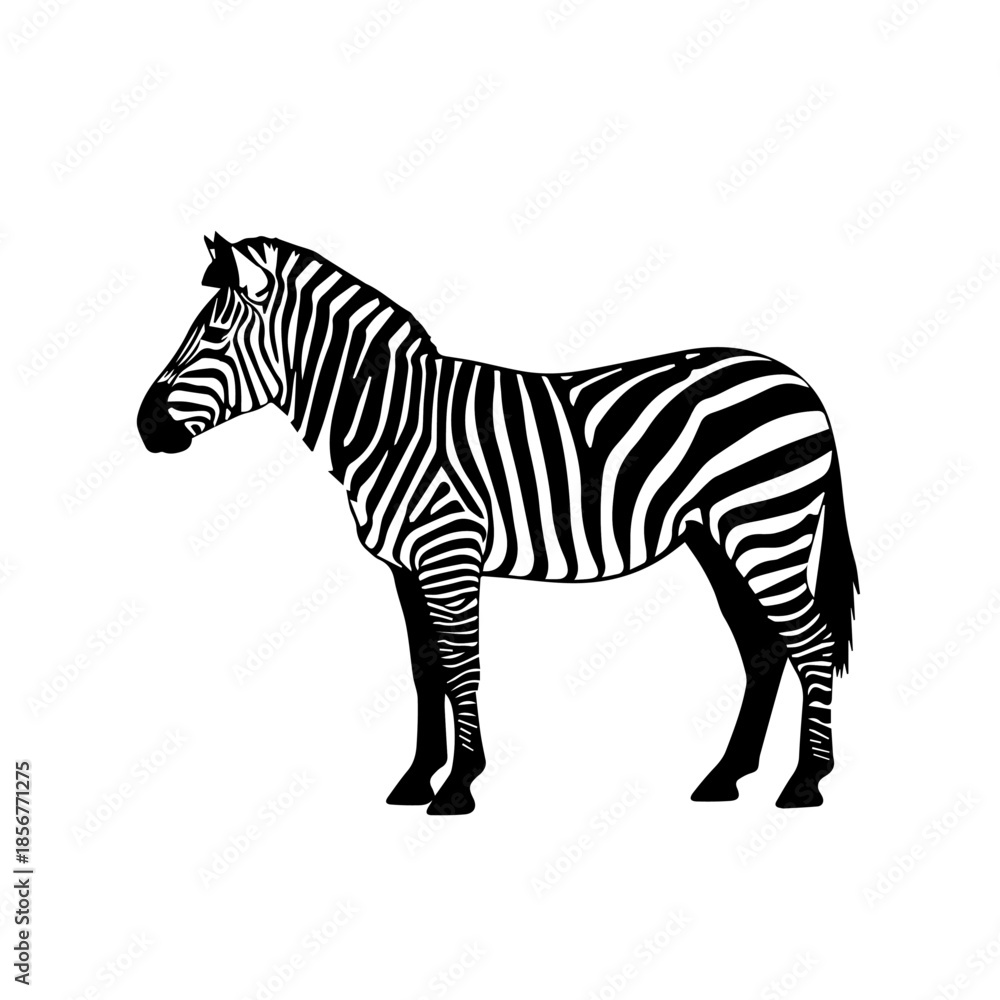Obraz premium A detailed black and white illustration of a zebra standing in profile, showcasing its distinctive striped pattern against a plain background.