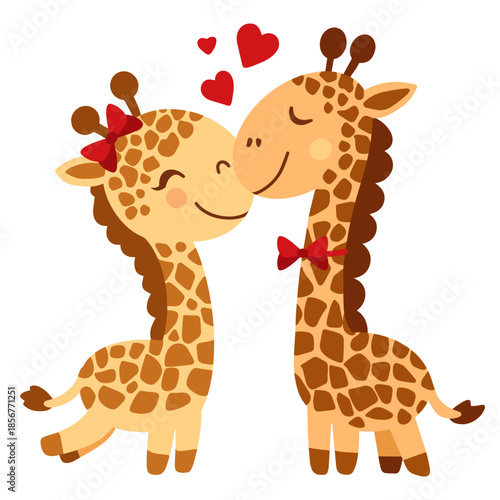 Sweet giraffe couple gently hugging with closed eyes and smiling. Romantic animal illustration expressing love, tenderness, and affection. Perfect for Valentine’s Day cards, posters, and love designs