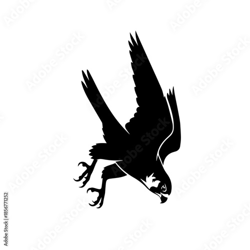 Black silhouette of a falcon or hawk in a dynamic diving pose with wings spread and talons extended, ready to strike.