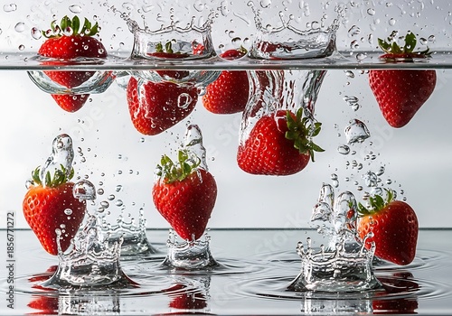 Ripe strawberries plunge into water creating splashes and droplets.