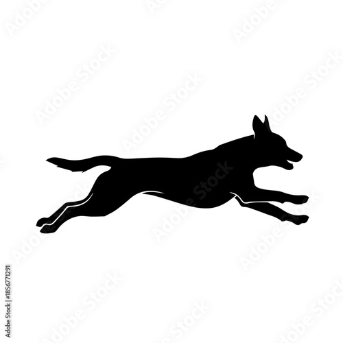 A black silhouette of a dog running at full speed with its legs extended.