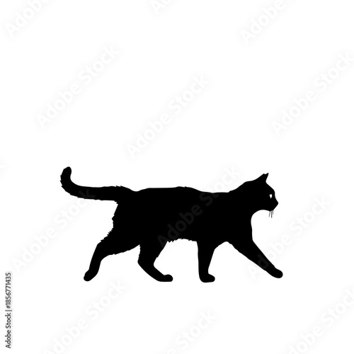 A black silhouette of a cat walking with its tail raised and mouth slightly open, showcasing its fangs.