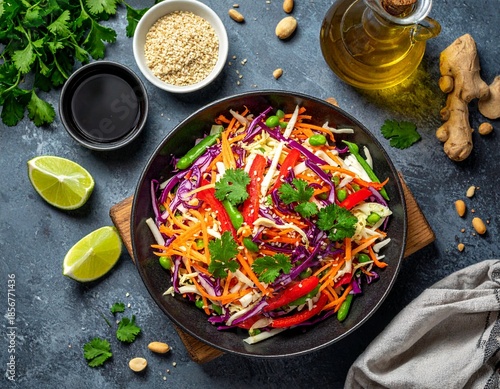 Asian Slaw Vegetables Napa Cabbage Red Cabbage Carrots Snow Peas Bell Pepper Cilantro