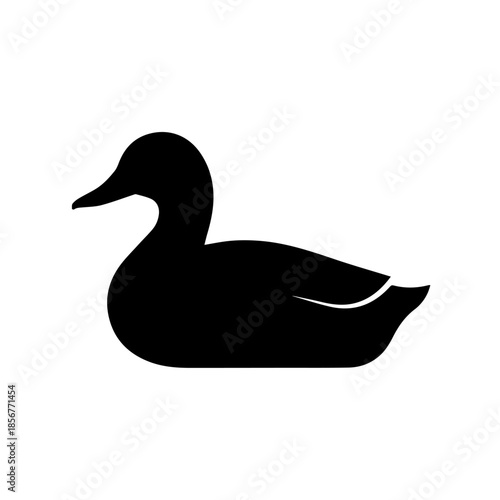 A sleek black silhouette of a duck swimming gracefully, isolated on a clean white background.