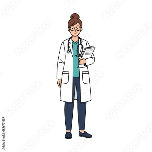 A female doctor stands confidently holding a clipboard and stethoscope in a clinical illustration.