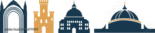 Set of architectural landmark silhouettes, elegant vector icons of historic castles, cathedrals, and dome buildings, minimalist cityscape and monument design elements.