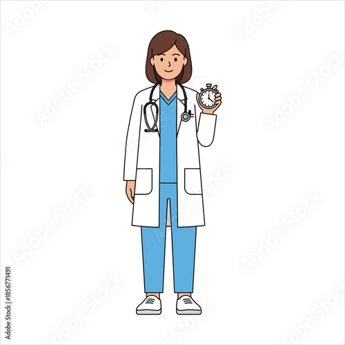 Female doctor holding a stopwatch in her hand standing against a white background
