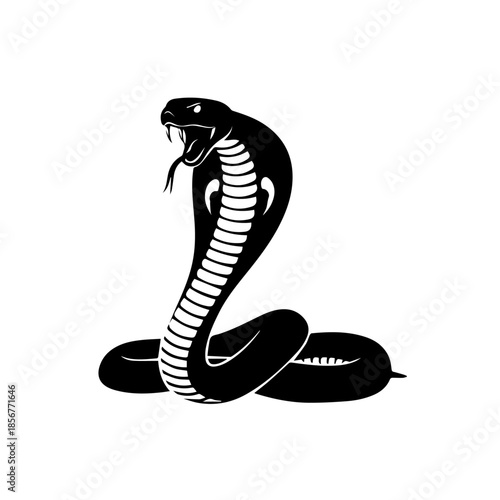 A striking black silhouette of a cobra snake with its hood spread, fangs exposed, and tongue flicking, ready to strike, against a clean white background.