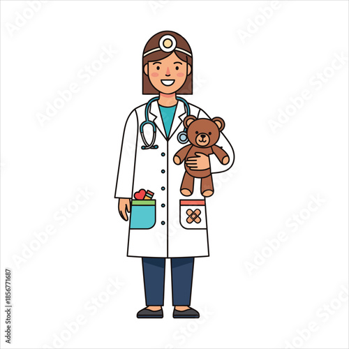 A smiling female doctor holding a teddy bear in a clinical setting
