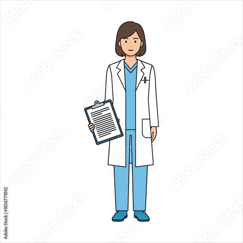 A medical professional holding a clipboard and wearing a lab coat in a clinical environment