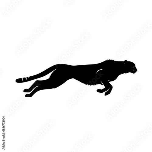 Black silhouette of a cheetah running or leaping, depicted in a dynamic and powerful pose against a white background.