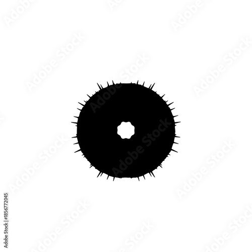 A black spiky circular abstract shape with an octagonal hole in the center, isolated on a white background.