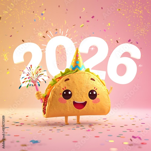 A cheerful taco character celebrates the year 2026 with a party hat and confetti in a festive indoor setting