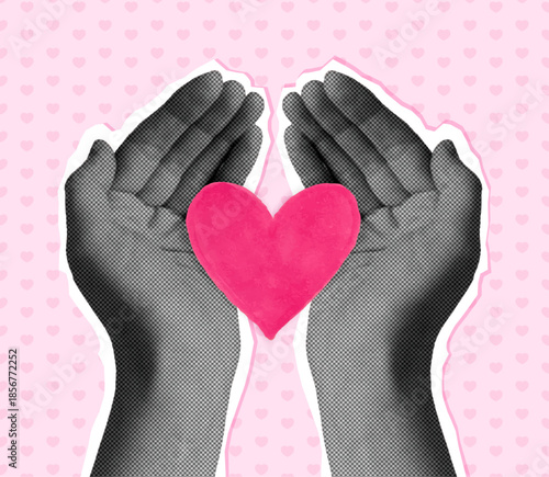 Halftone human hands holding a paper heart on palms. Vector illustration