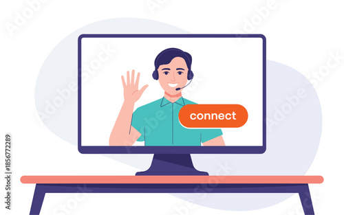 Friendly man in headset waving on computer screen with connect button