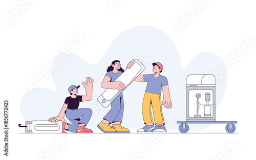 Team of young adults moving into new home with water cooler