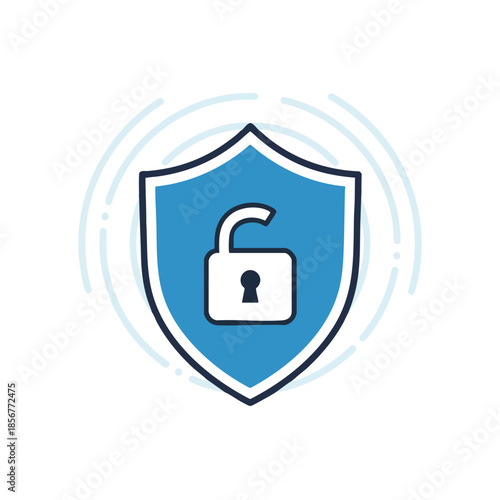 A shield with an unlocked padlock, surrounded by curved lines, all on white