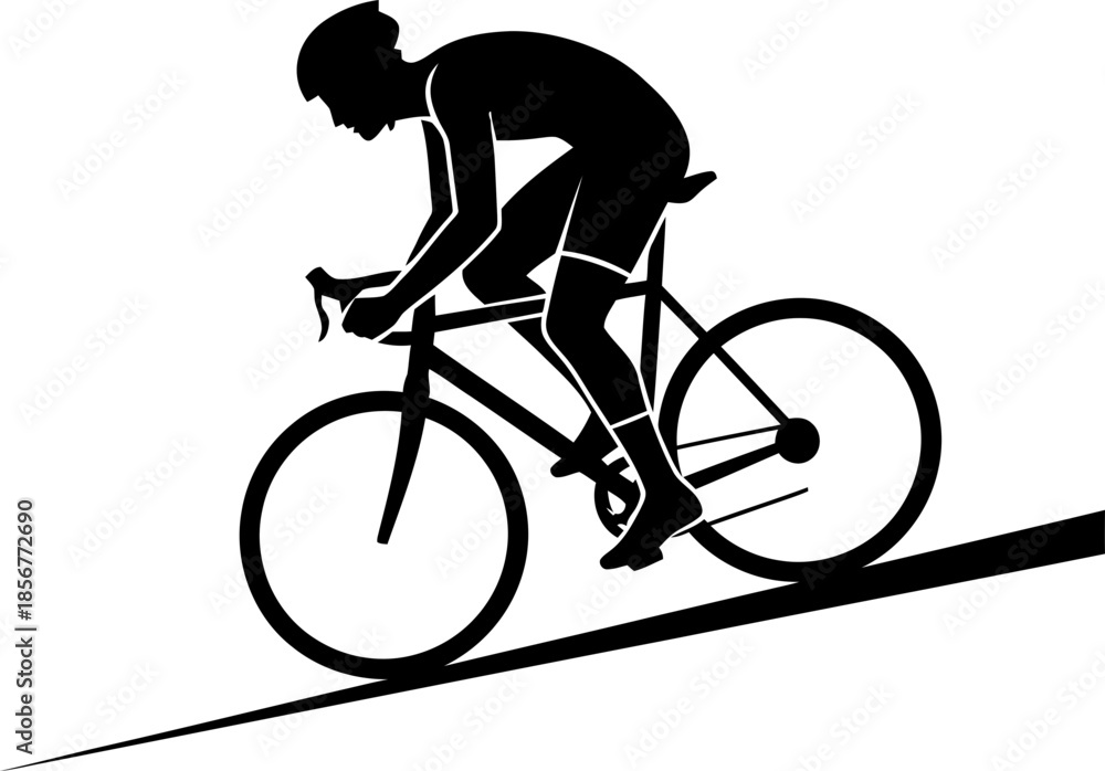 Obraz premium Cyclist man riding a road bicycle uphill. Silhouette illustration of a person engaged in sports and active lifestyle. Vector graphic