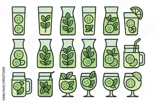 Set of refreshing cucumber and mint drinks