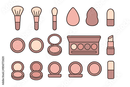 Flat Icon Set of Pink Makeup Essentials