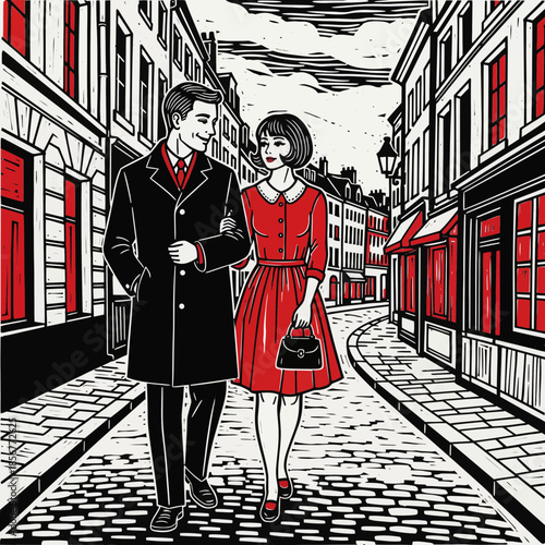 Couple Walking Down Cobblestone Street in European City