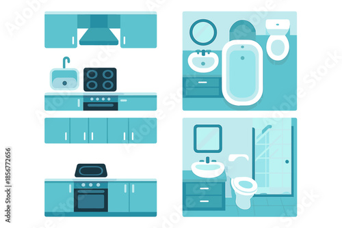 Flat design kitchen and bathroom interiors