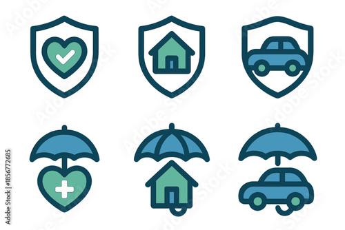 Set of insurance icons with shield and umbrella