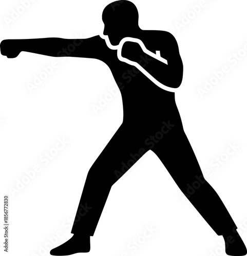 Silhouette of a man boxing in a fighting stance with a punching fist. Sport and aggression concept. Minimalist vector icon