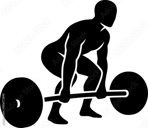 Man lifting barbell in squat position preparing for a deadlift or clean and jerk. Male strength training icon. Vector illustration for gym, workout, fitness