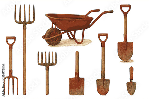Garden Tools Arranged on a Light Yellow Background