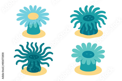 Four cartoon sea anemones on a dark background