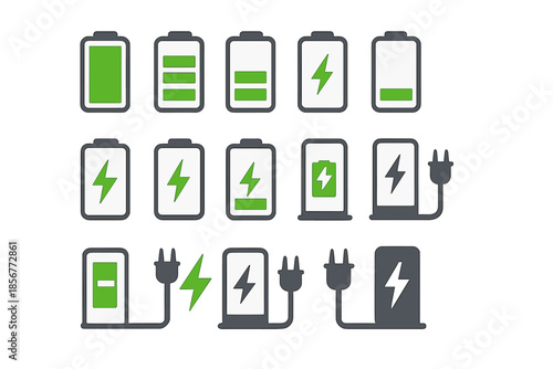 Battery charge level indicators and charging icons