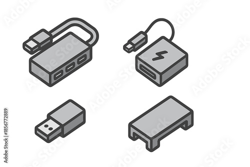 Set of four isometric computer accessories