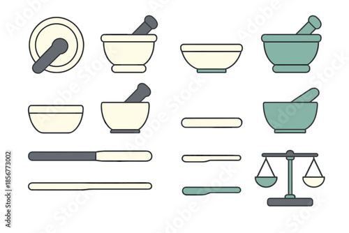 Mortar and Pestle, Scales, and Bowls Icon Set
