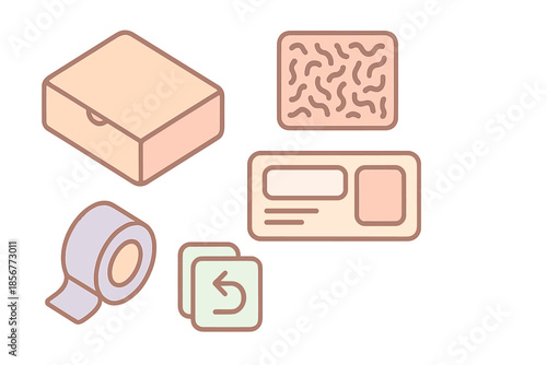 Isometric icons of office supplies and a debit card