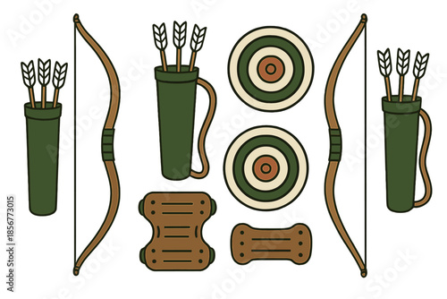 Archery equipment setup with bows, arrows, quivers, targets, and arm guards