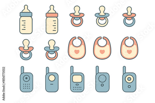 Baby icons set with bottles, pacifiers, bibs and baby monitors