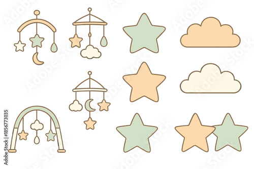 Baby mobile and clouds collection with warm glow effect