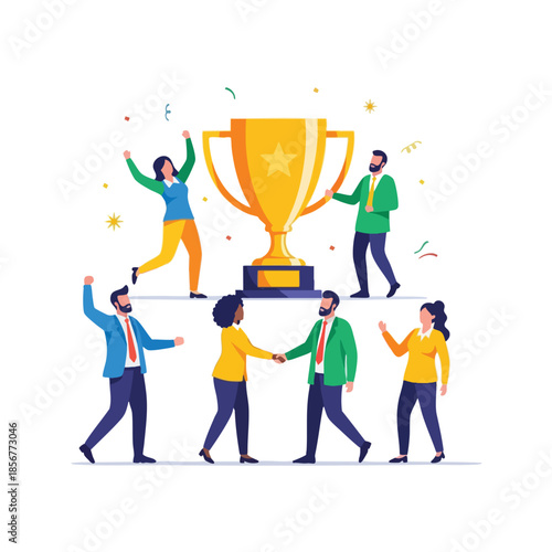 Team celebrates success around a large trophy with confetti, in a flat illustration
