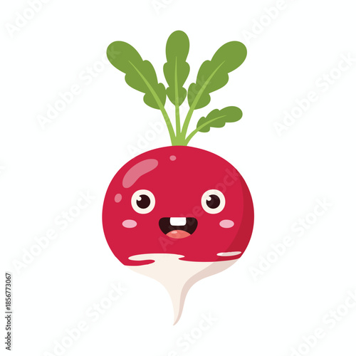 A friendly, cartoonish radish with a smiling face and green leaves